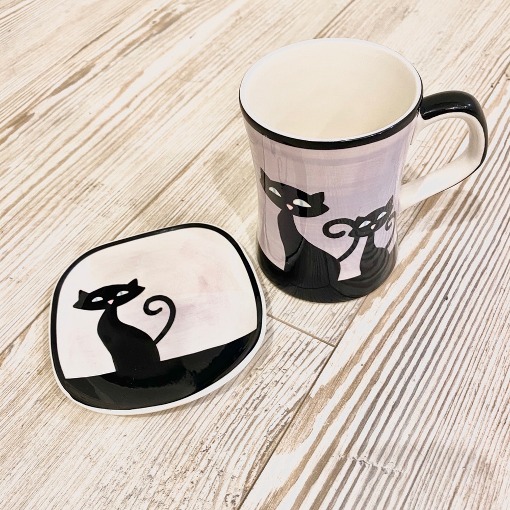 Mug and plate set with cute black cat design